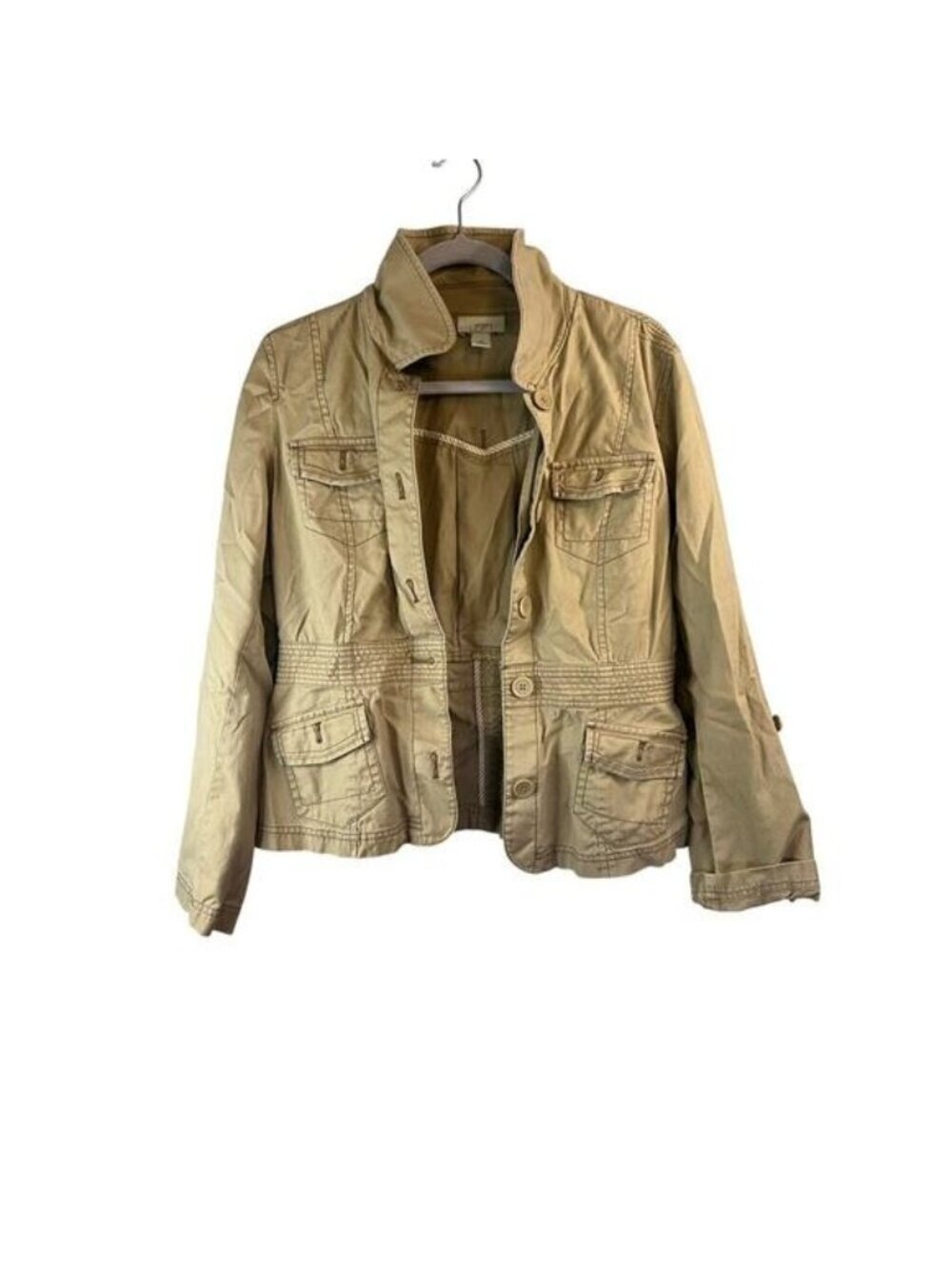 Ann Taylor Loft Beige Utility Jacket Womens Size 10 With Pockets & Button Accent